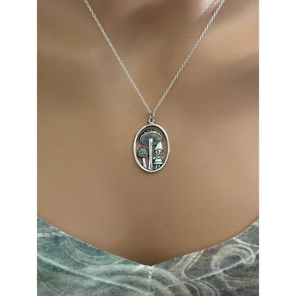 Sterling Silver Garden Gnome and Mushroom Necklace Gnome Mushroom Necklace